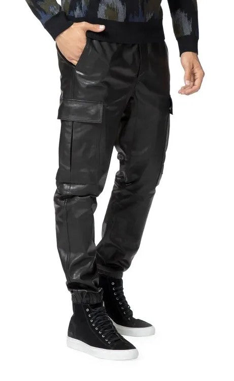Picture of of a model wearing our mens Black Leather Pants.