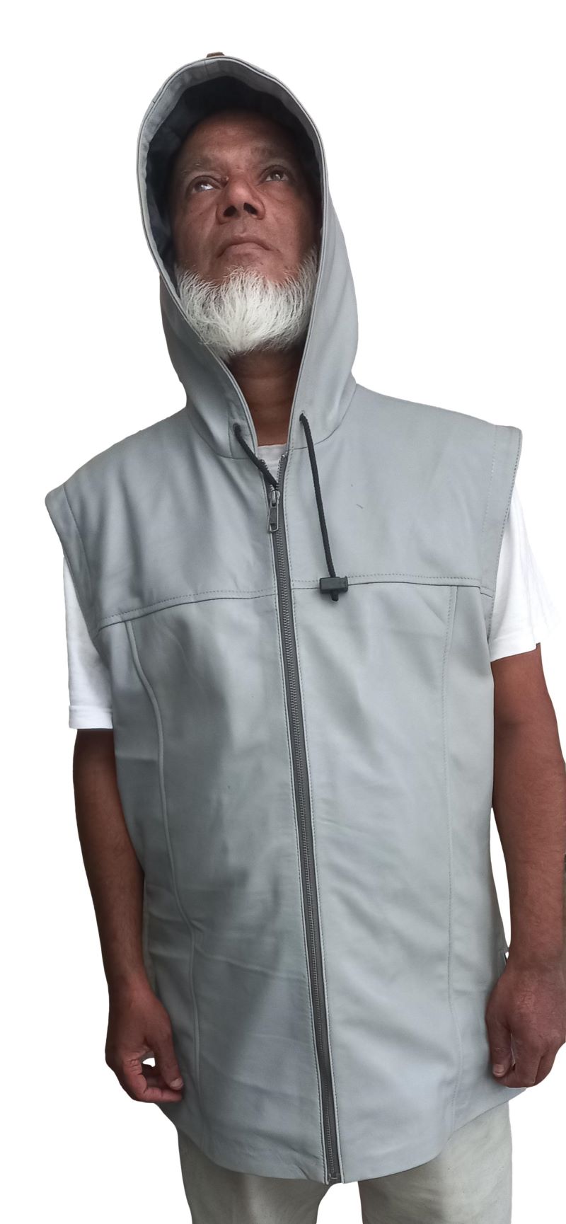 Picture of a model wearing our Mens Leather Vest with hood, Gray color, front view.