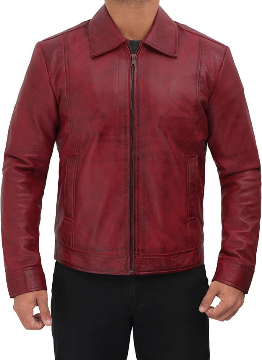 Picture of a model wearing our Maroon Color Leather Jacket front view with zipper closed