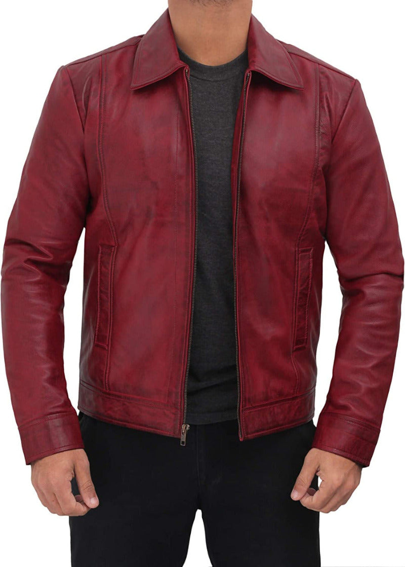Picture of a model wearing our Maroon Color Leather Jacket, front view with zipper open