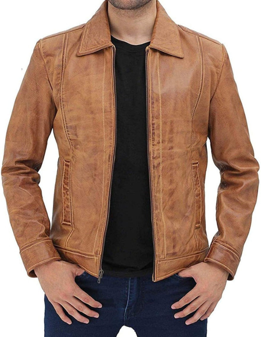 Mens Picture of a model wearing our Mens Camel Color Leather Jacket, front view with zipper open.