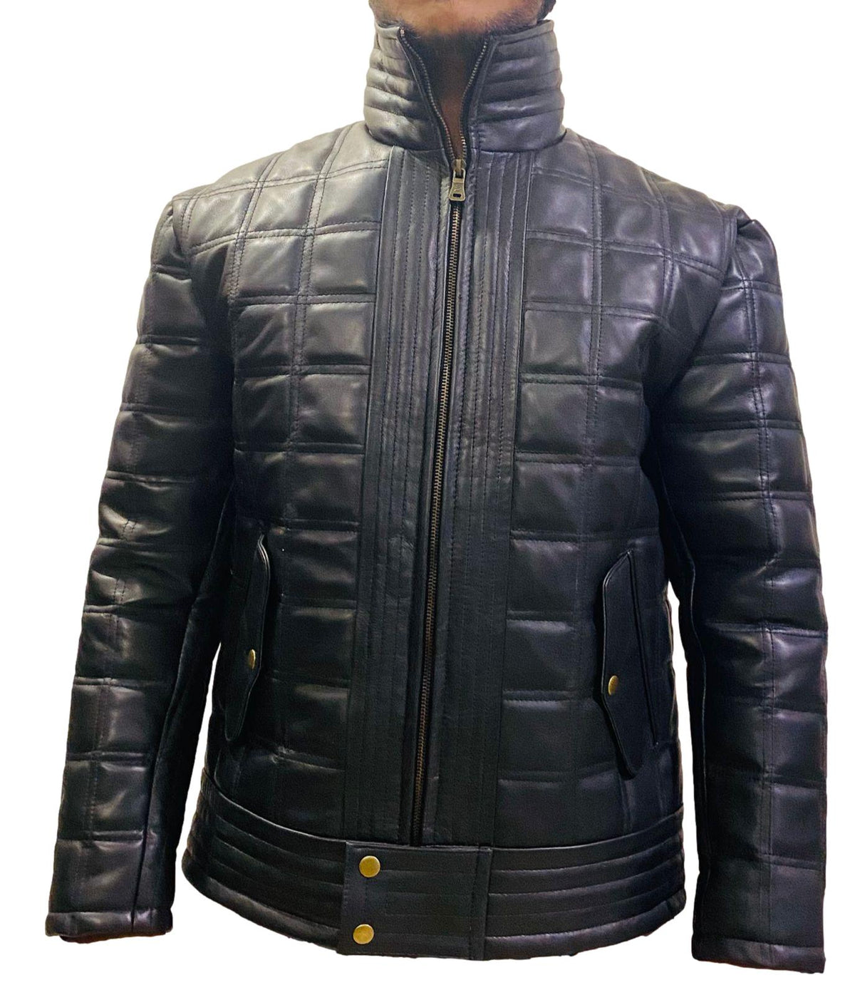 Picture of a model wearing our Mens Quilted Black Leather Jacket stitched in a square pattern, front view.