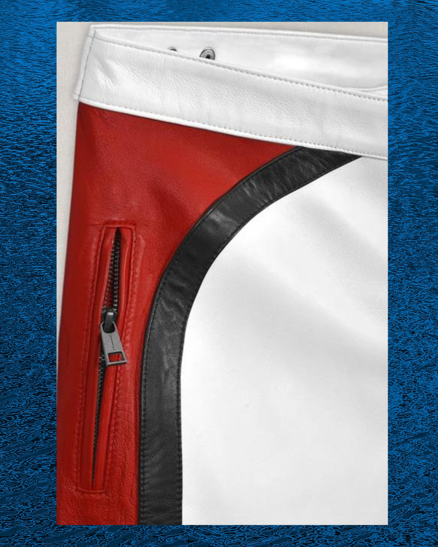 Picture of our Mens White Leather Pants, with red &amp; black panels on the outside of each leg, close up view of the waist and side. view.
