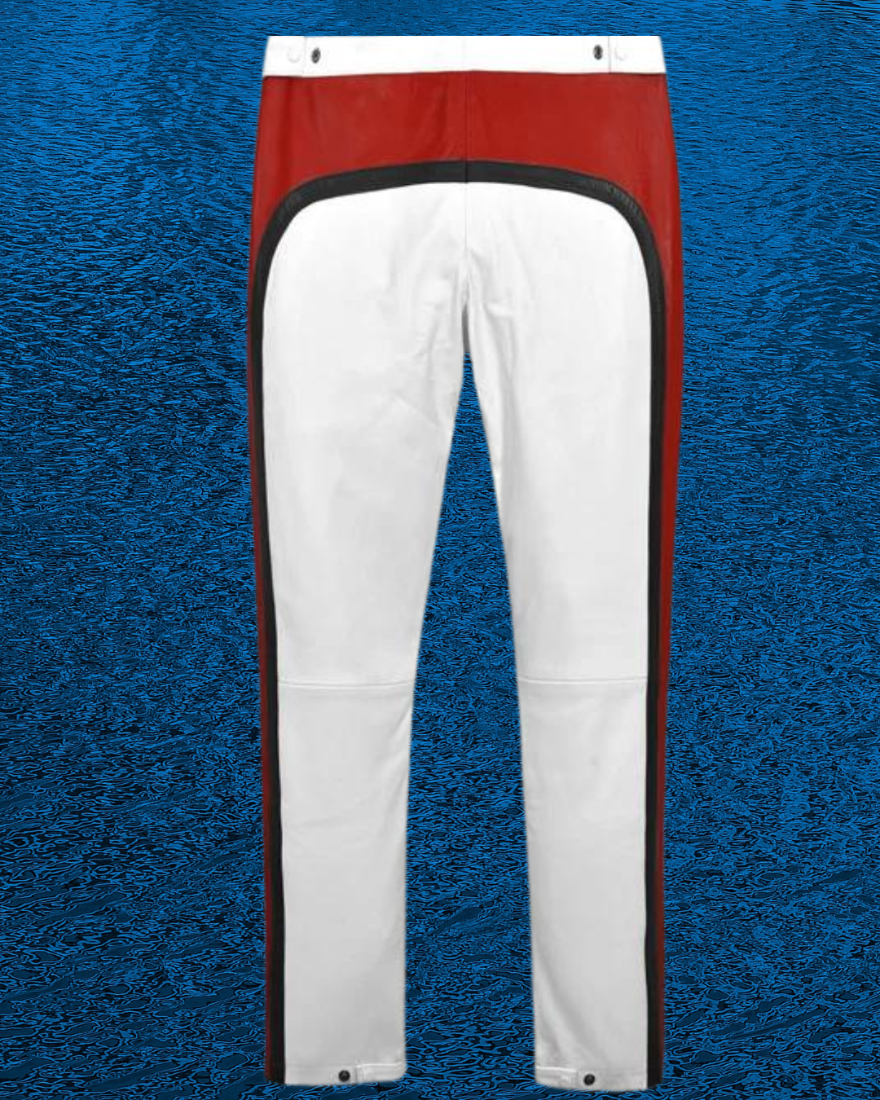 Picture of our Mens White Leather Pants, with red &amp; black panels on the outside of each leg, back view.