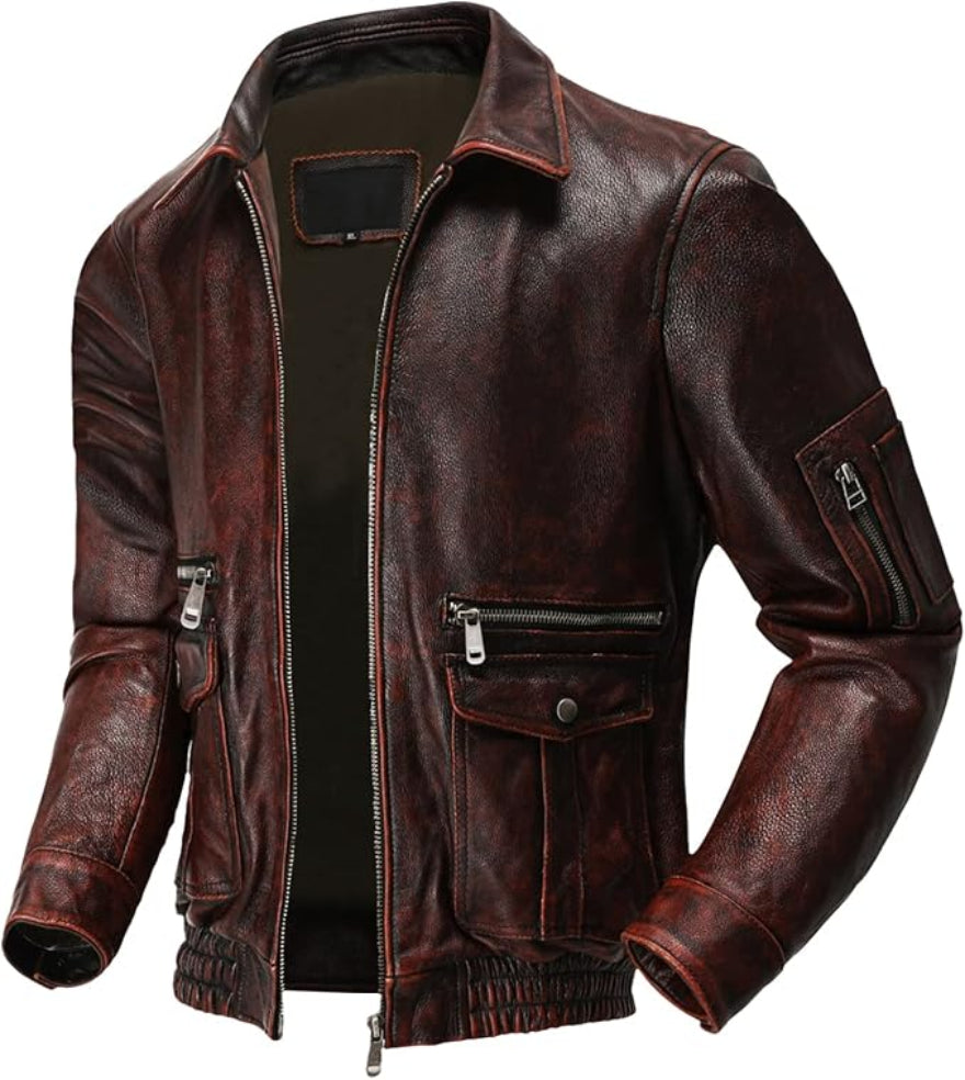 Picture of our Men's Dark Brown Leather Bomber Jack side view.