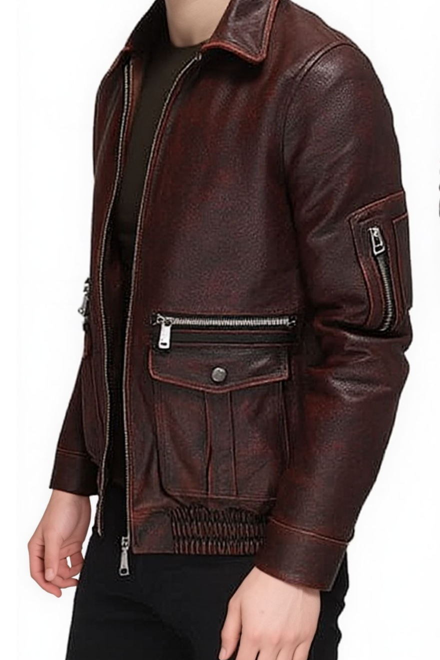 Picture of our Men's Dark Brown Leather Bomber Jack on a model, side  view