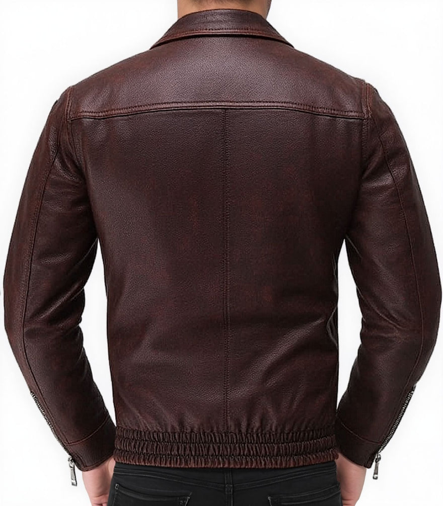 Picture of our Men's Dark Brown Leather Bomber Jack on a model, back view
