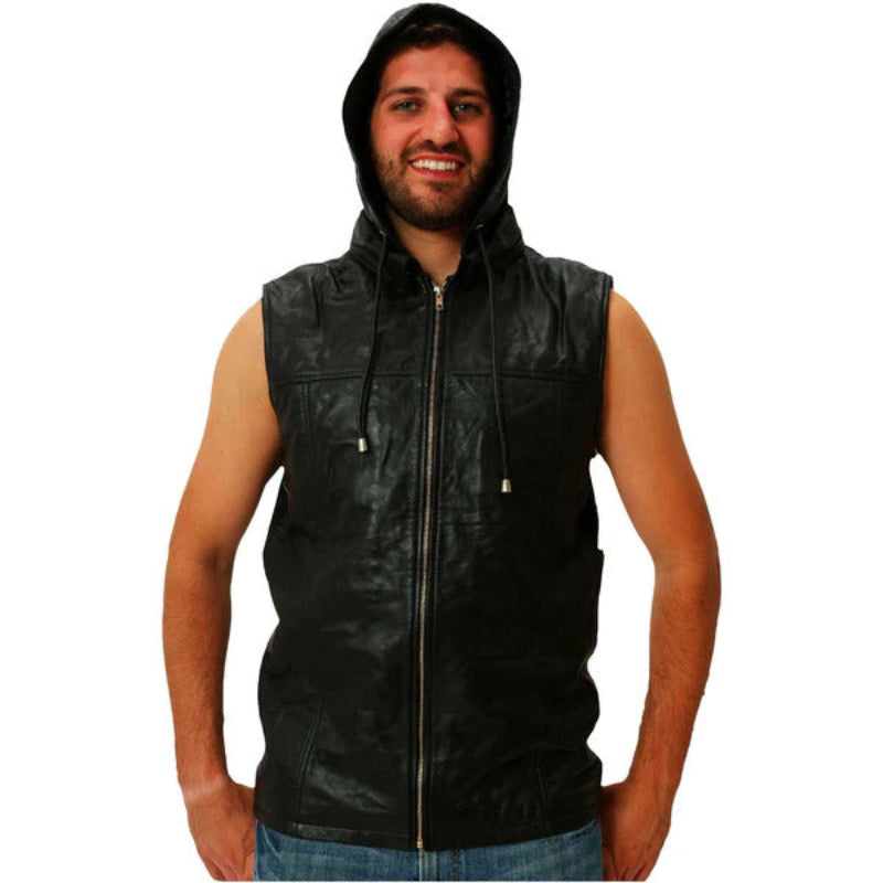Mens black hooded sleeveless leather shirt front  view