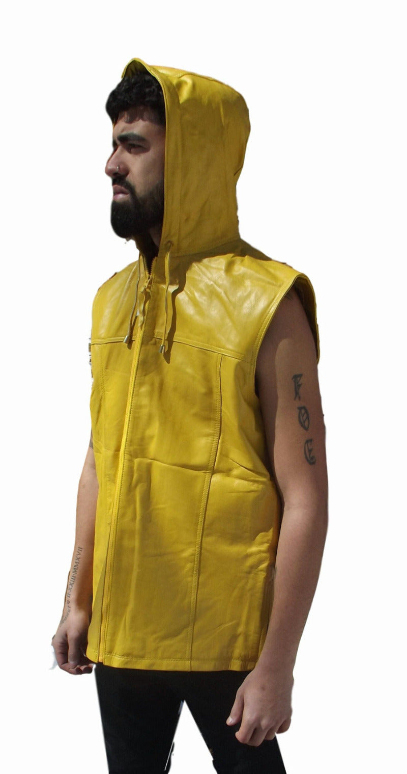 Mens leather vest with hood yellow color side view 