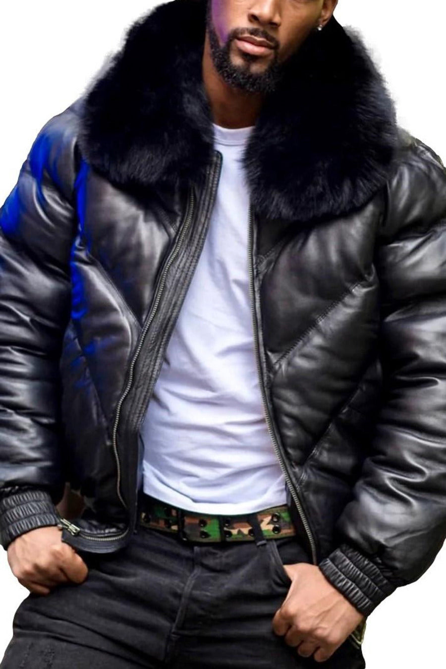 Picture of a model wearing our Mens Black Leather Bomber Jacket with Fur Collar.