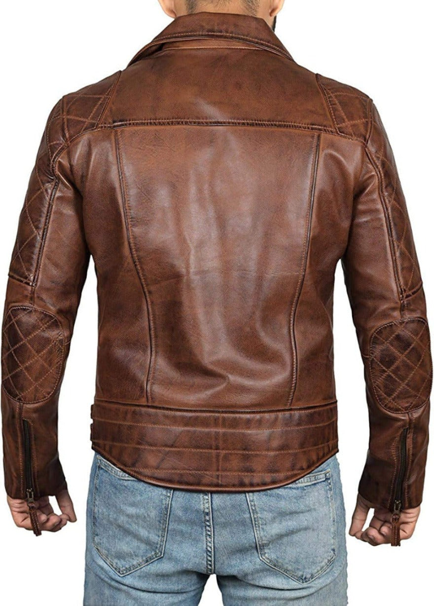 Image of a model wearing our Mens BrownLeather Moto Jacket back view.