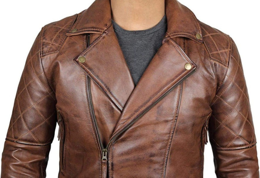 Image of a model wearing our Mens BrownLeather Moto Jacket front view. close up