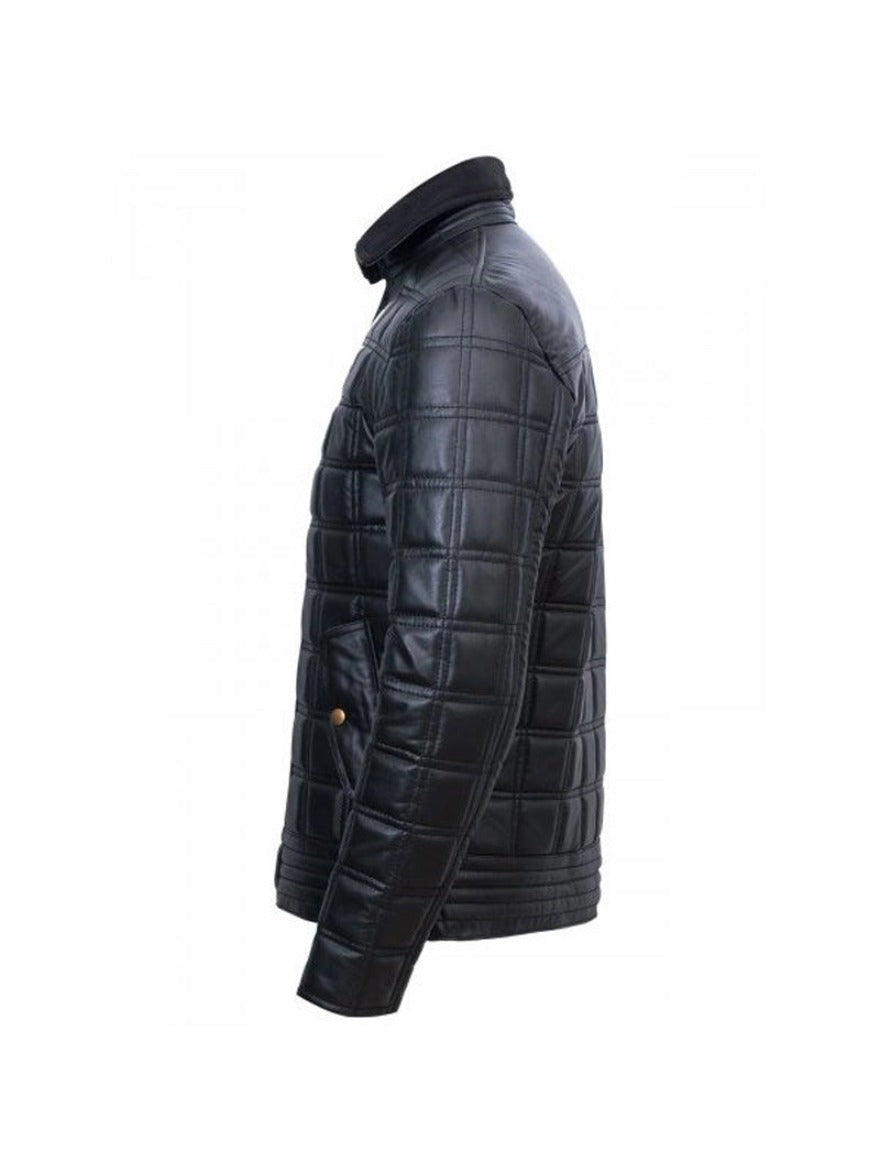 Image of Mens Quilted Black Leather Jacket  stitched in a square pattern, side view.