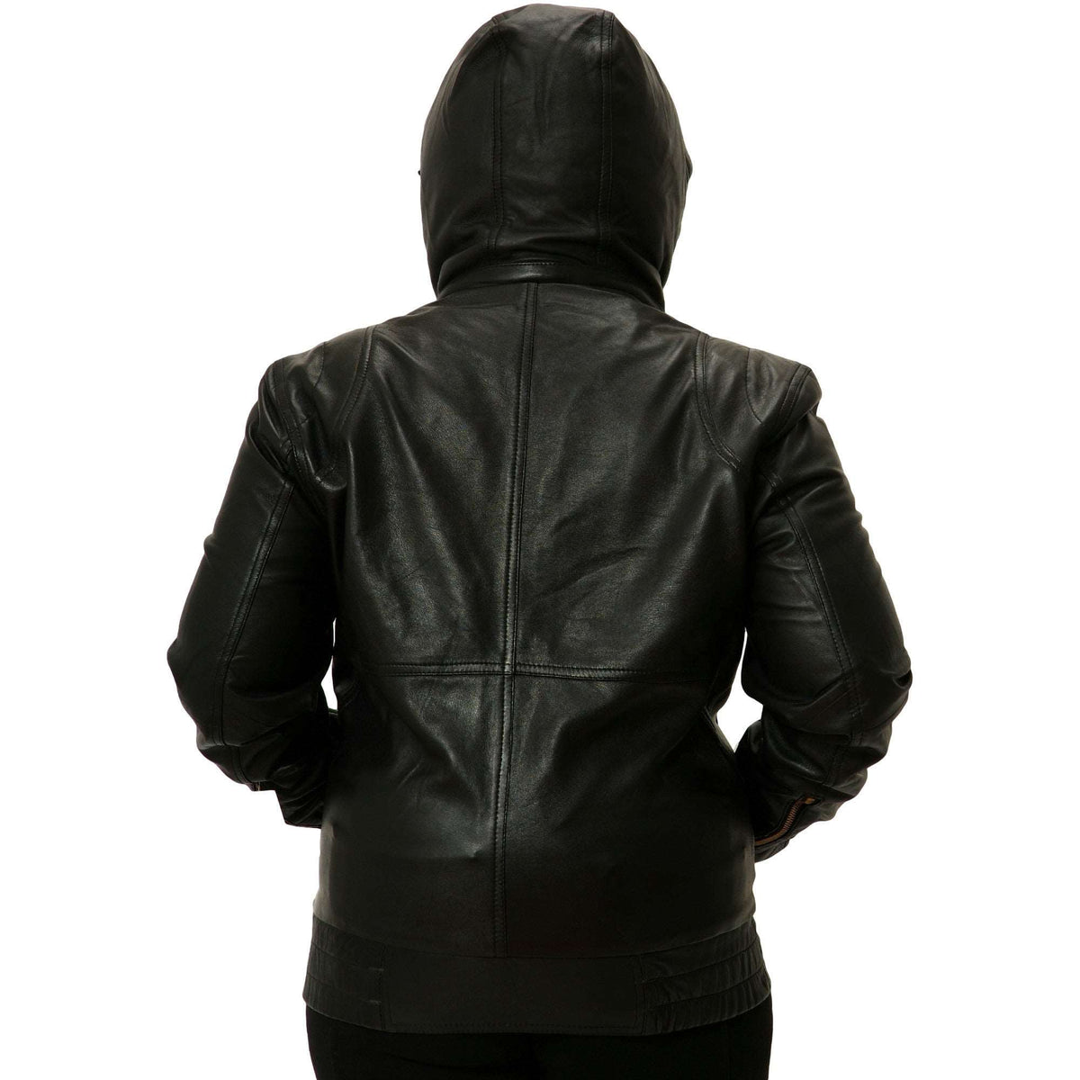 Womens black leather hooded jacket back 1