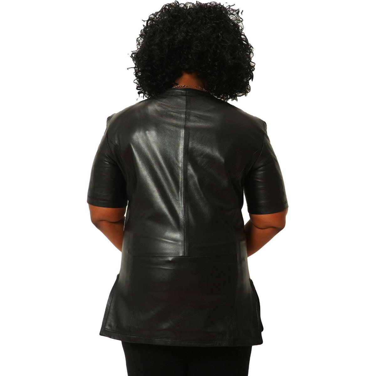 Womens black leather tee shirt back