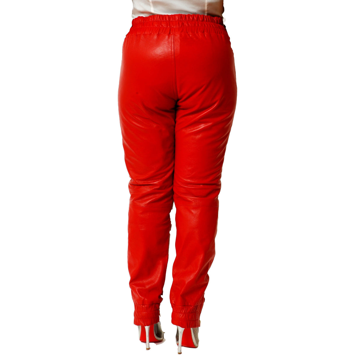 Womens Red leather joggers back
