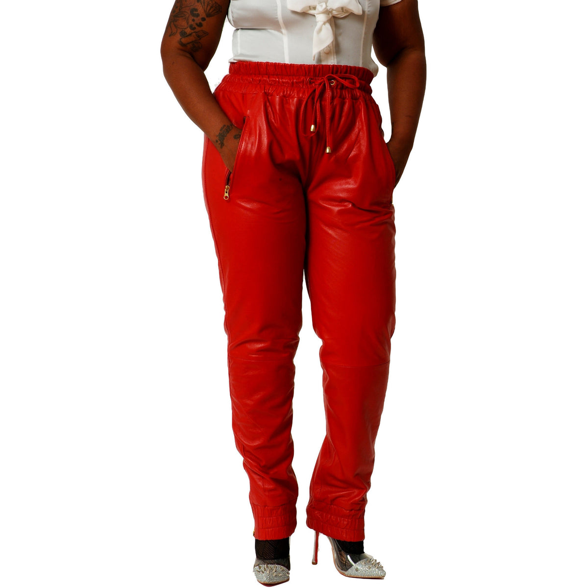 Womens Red leather joggers front 1
