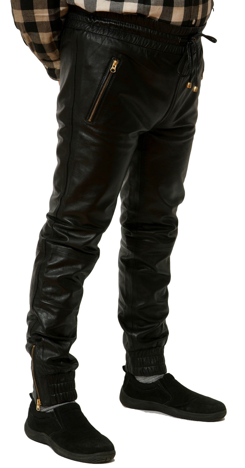 Our Mens Leather Joggers in black worn by a model, side view.