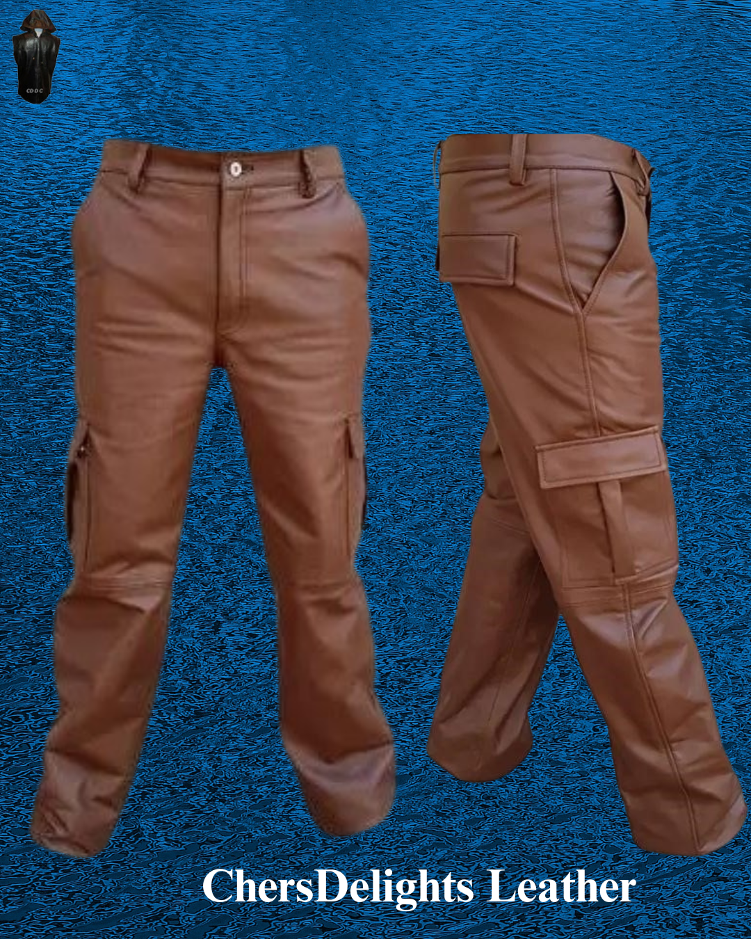 Collage picture showing our Brown Leather cargo Pants in the front and side view.