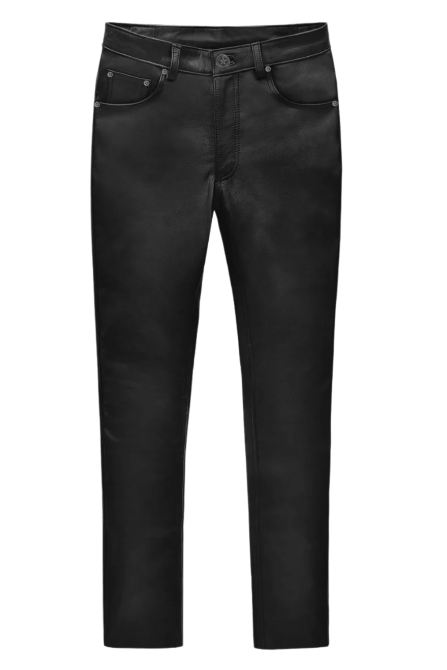 Picture of our 5 Pocket Leather Jeans Men&#39;s, front view.