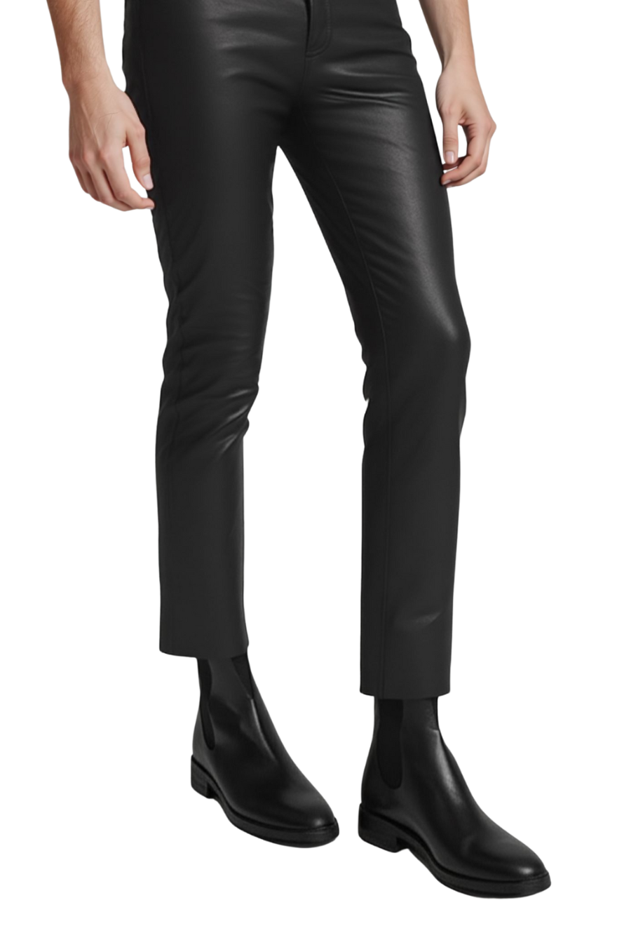 Picture of a model wearing our 5 Pocket Leather Jeans Men&#39;s, side view.