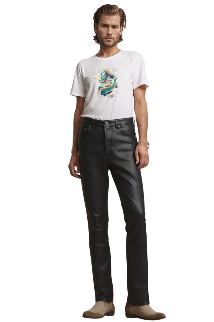 Picture of a model wearing our 5 Pocket Leather Jeans Men&#39;s, front view.