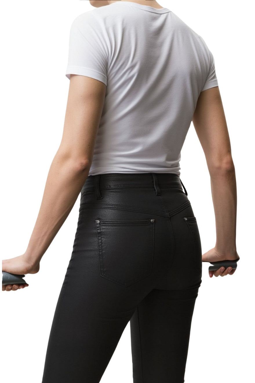 Picture of a model wearing our 5 Pocket Leather Jeans Men&#39;s, another back view.
