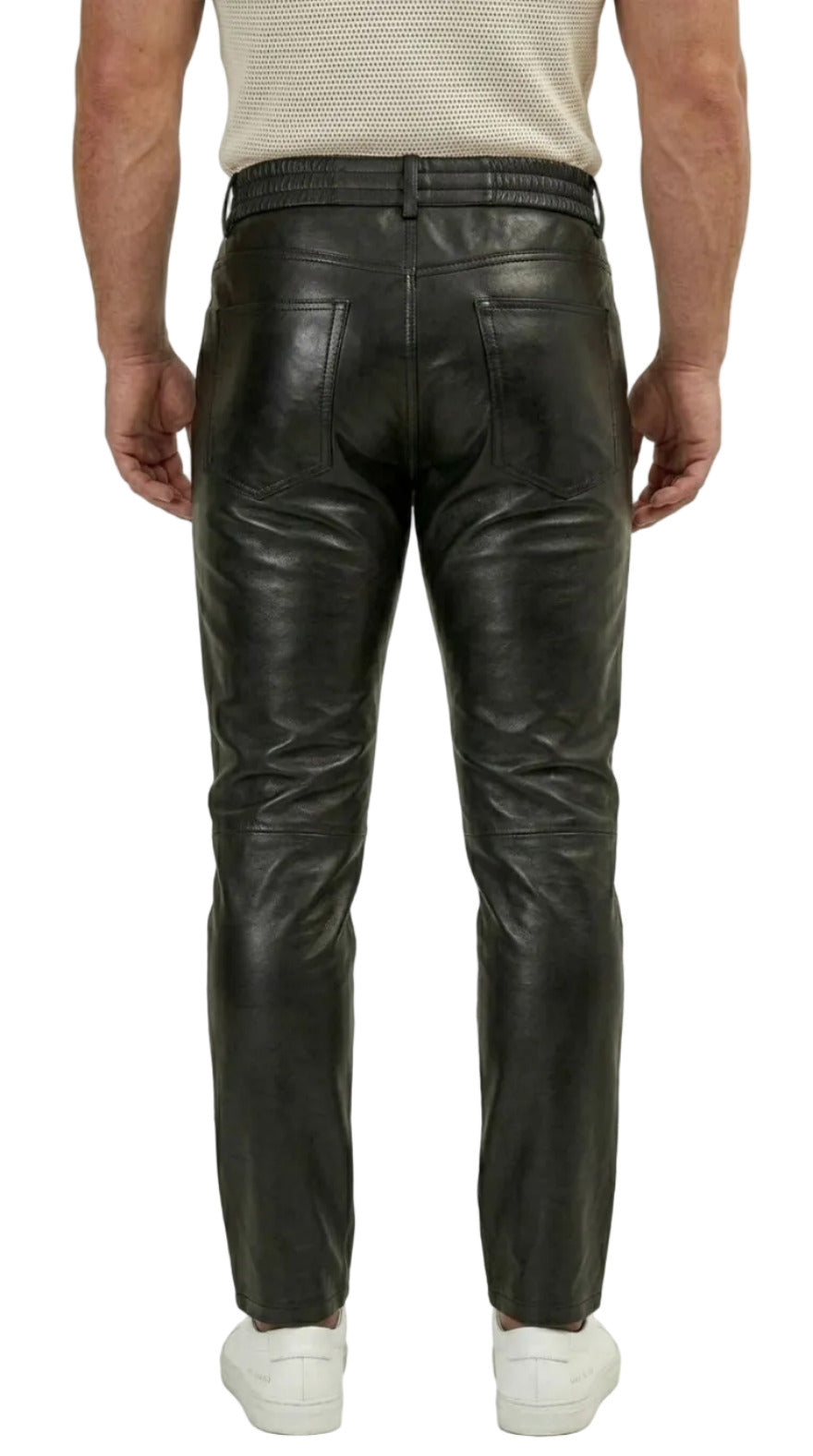 Our Black Leather Pants for Men worn by a person on a white background. back view.