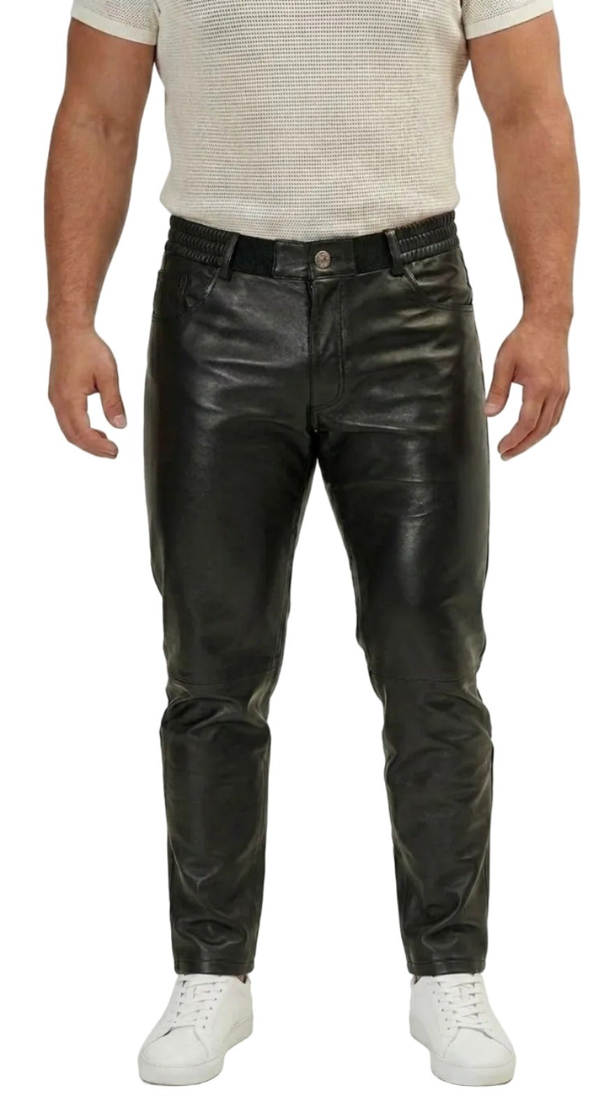 Person wearing Big and Tall Black Leather Pants  on a white background, front view.