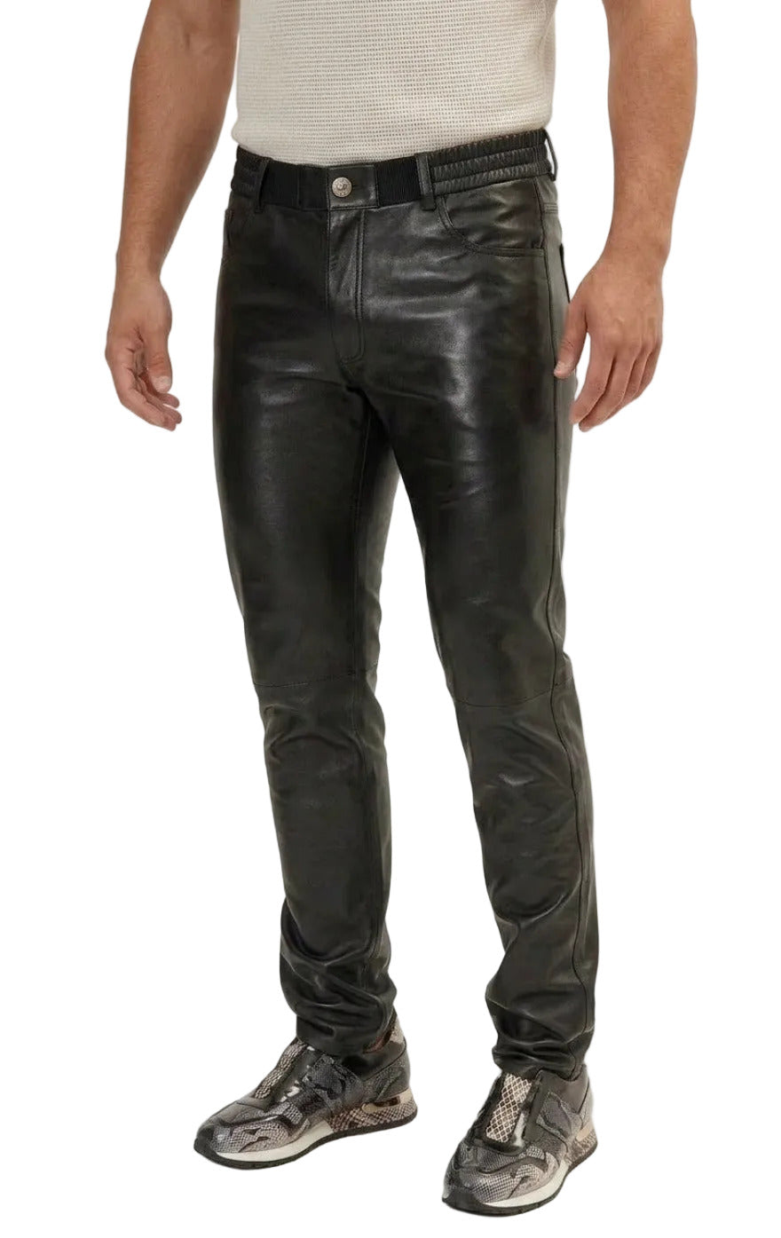 Person wearing our Cowhide Leather Pants on a white background