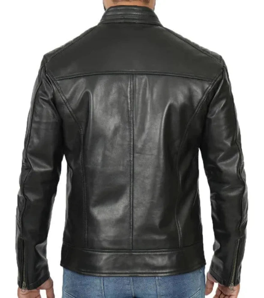 Picture of a model wearing our Black Cafe racer jacket. Back view.