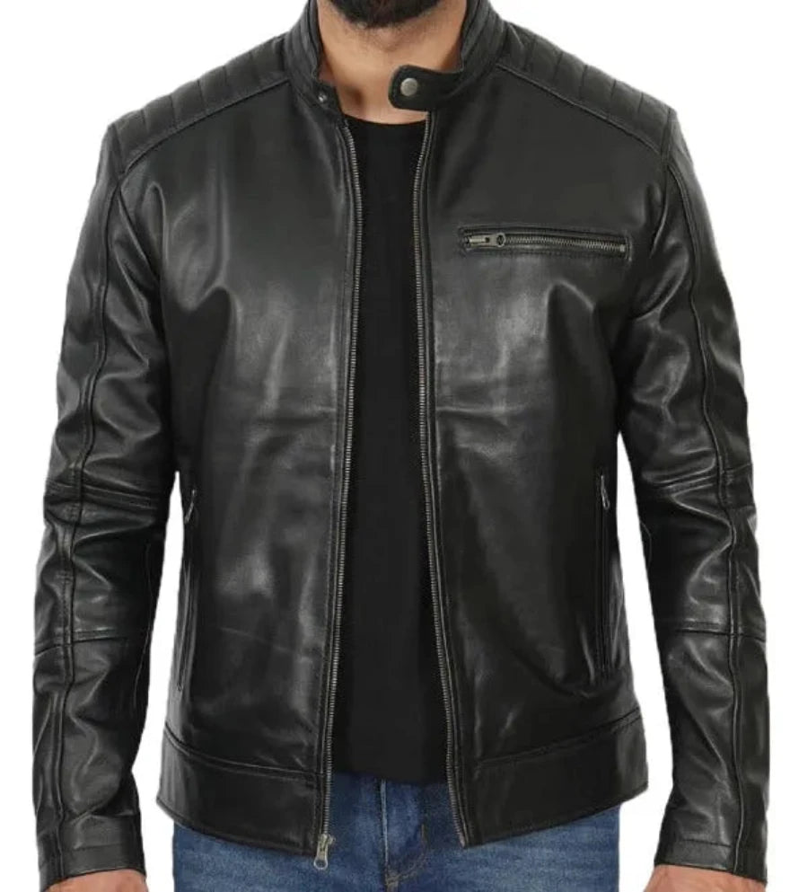 Picture of a model wearing our Black Cafe racer jacket&#39; Front view.