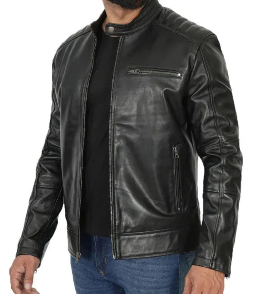 Picture of a model wearing our Black Cafe racer jacket, Side 1 view.