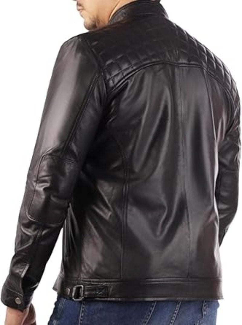 Picture of a model wearing our Black Cafe Racer, back view.