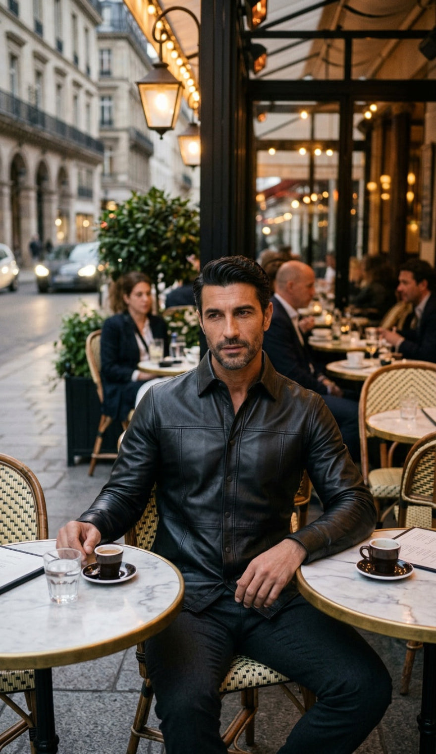 A man wearing our black leathercustom shirt sits at an outdoor cafe table in Paris, with a street scene and other patrons blurred in the background.