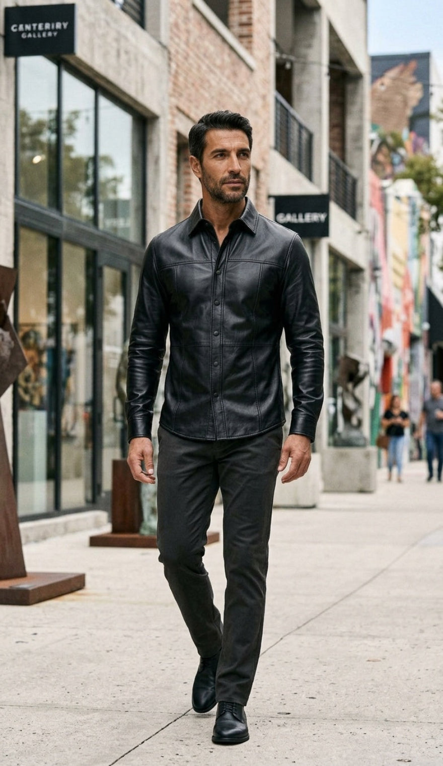 A man walking on a city sidewalk wearing our custom black leather long-sleeve button-up shirt and black trousers.
