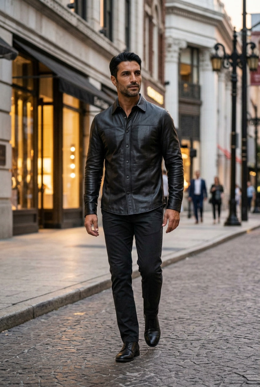 A man walking down a cobblestone city street wearing our black custom leather button-up shirt, black trousers, and black leather shoes.