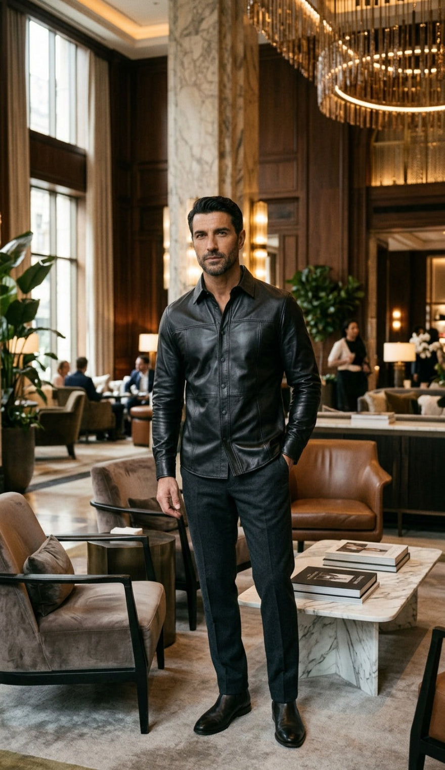 A man wearing our black custom leather button-up shirt and black trousers stands in a luxurious, upscale hotel lobby with warm lighting, marble columns, and leather seating.