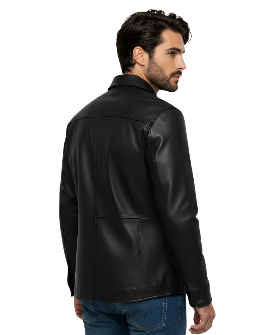 Man wearing our Black Leather Button Up Shirt Mens on a white background, back view.