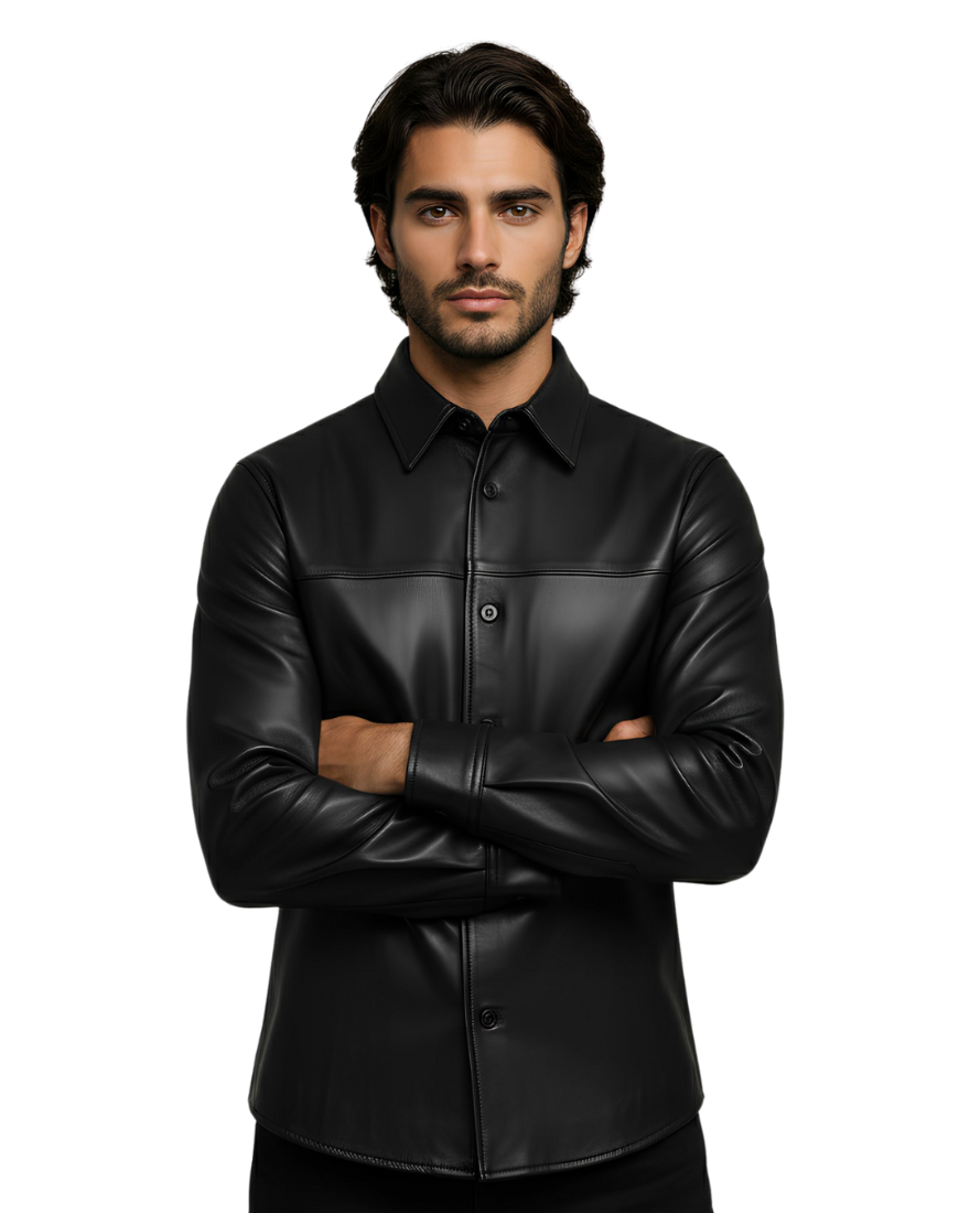 Man wearing our Black Leather Button Up Shirt  on a white background, front view.
