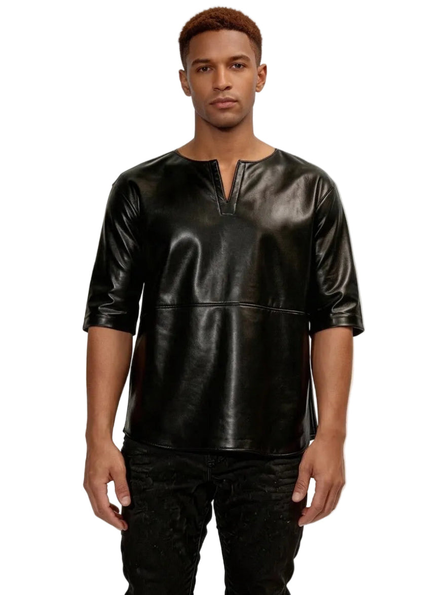 Man wearing our Black Leather T Shirt Tunic Collar on a white background, front view.