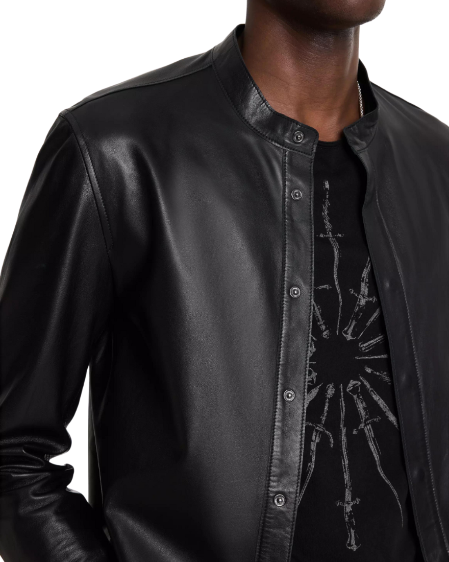 Picture of a model wearing our Black Long Sleeve Leather Shirt close up view 