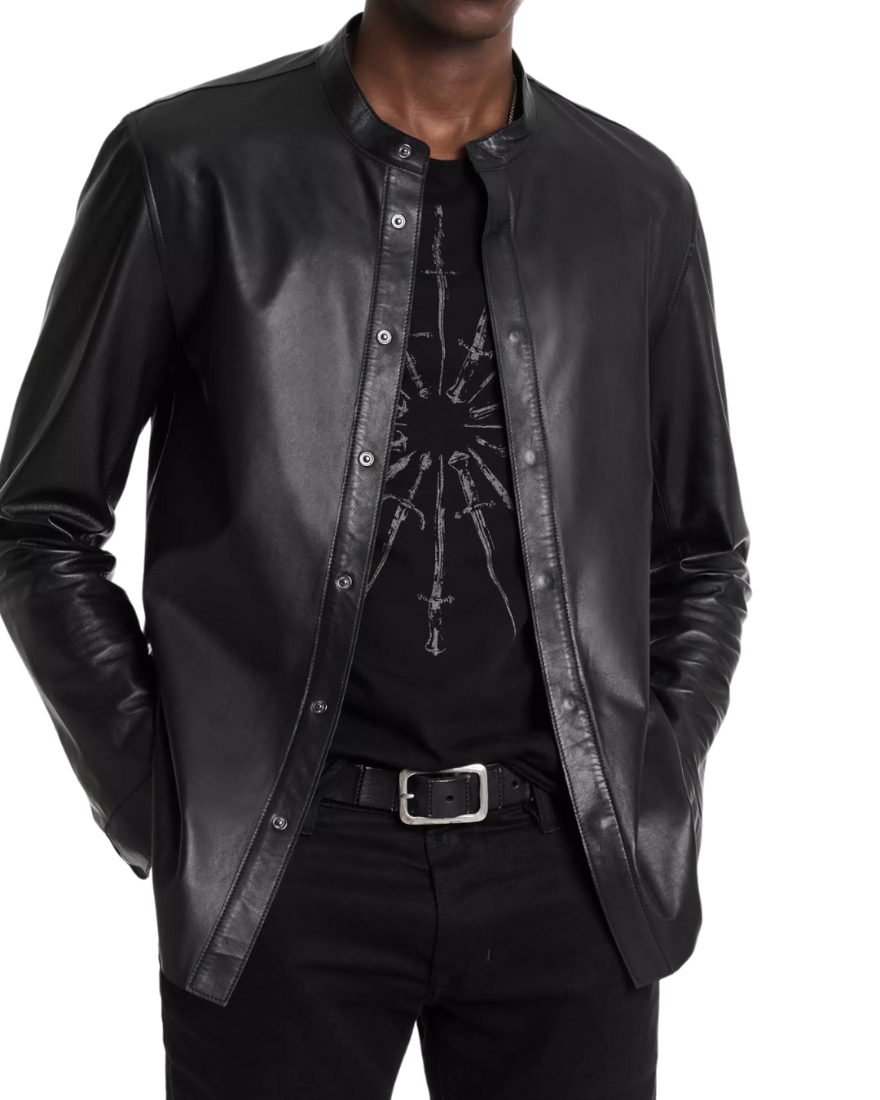 Picture of a model wearing our Black Long Sleeve Leather Shirt front view 