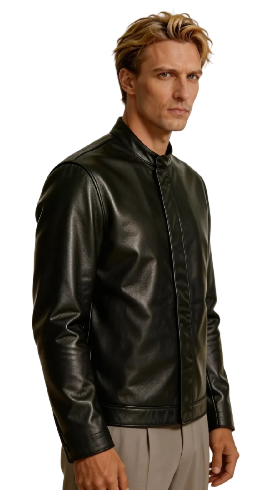 Man wearing our Black Long Sleeve Leather Shirt on a white background, side view,,