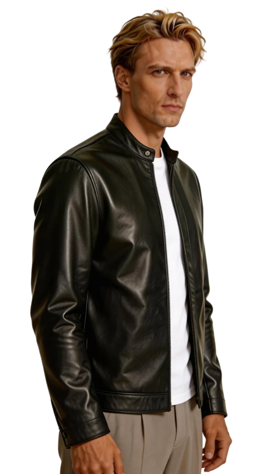 Man wearing our Black Long Sleeve Leather Shirt on a white background