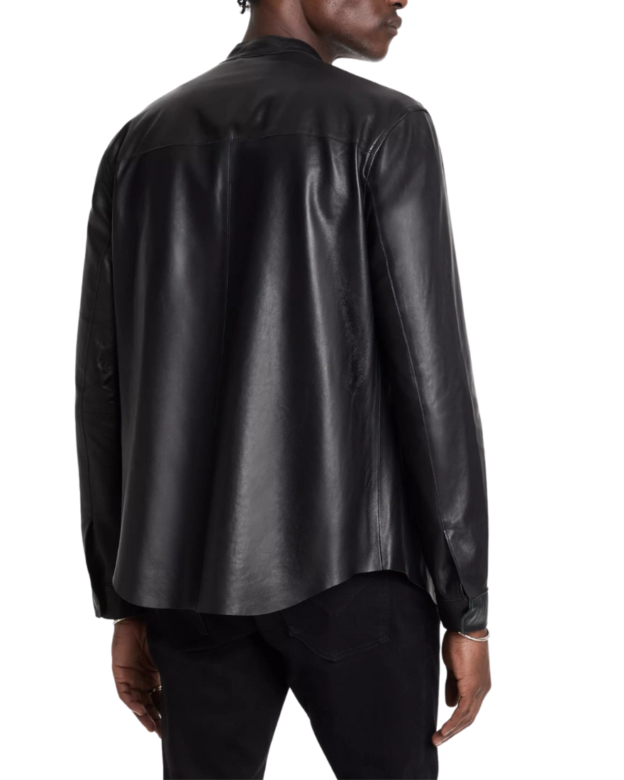 Picture of a model wearing our Black Long Sleeve Leather Shirt back view 