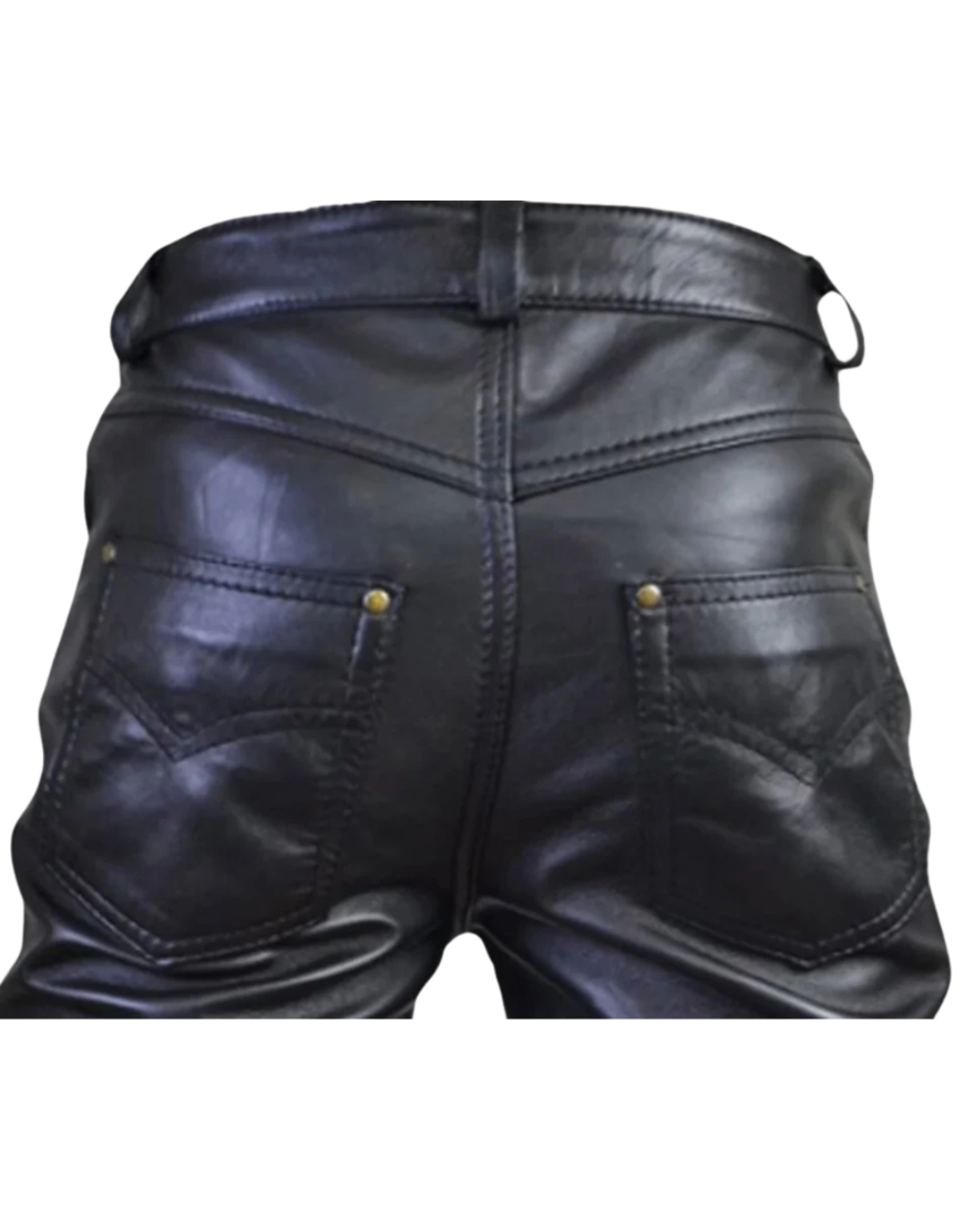 Picture of our Black Mens Leather Pants on a mannequin, close up bac view 