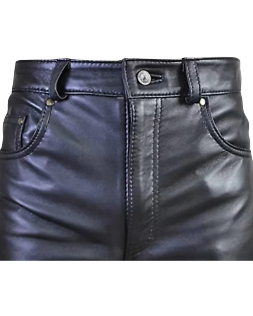 Picture of our Black Mens Leather Pants on a mannequin, close up front view