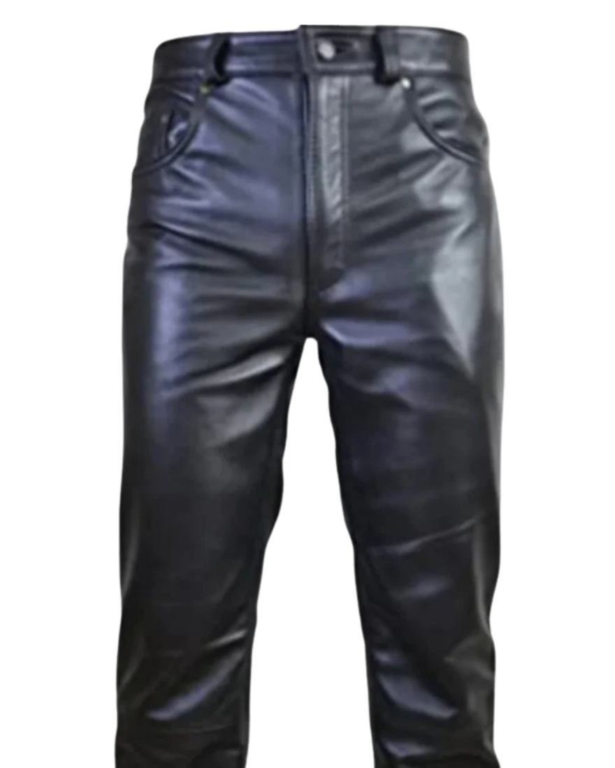 Picture of our Black Mens Leather Pants on a mannequin, front view