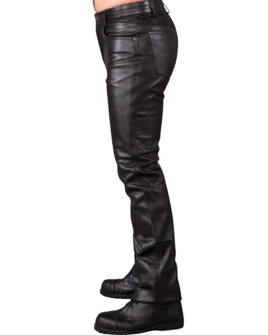 Picture of our Black Mens Leather Pants on a mannequin, side view